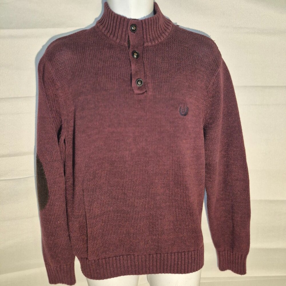 CHAPS Vintage Cotton sweater w/ buttons at collar. Dark Maroon/Black blend. LG.